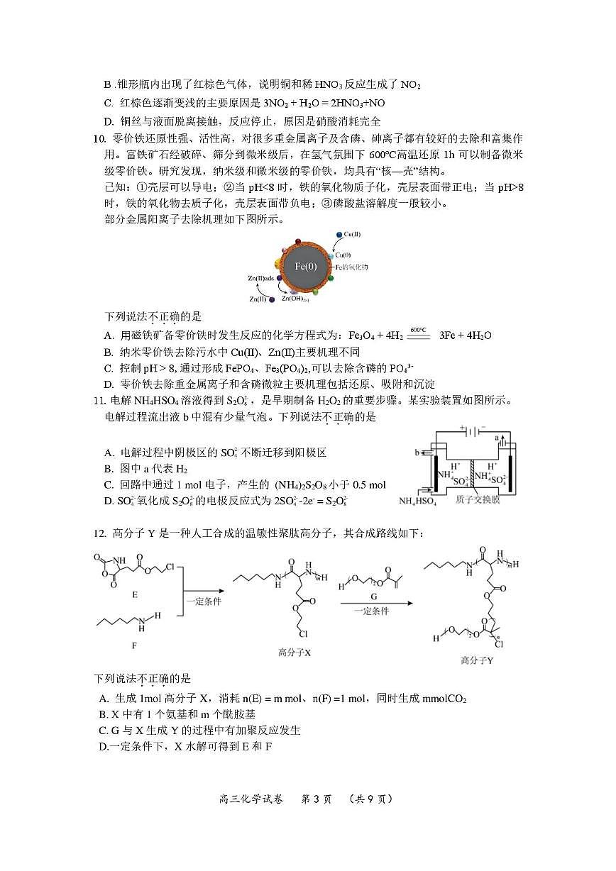 北京市通州区2025届高三下学期5月查漏补缺练习化学试题（高考模拟）第3页