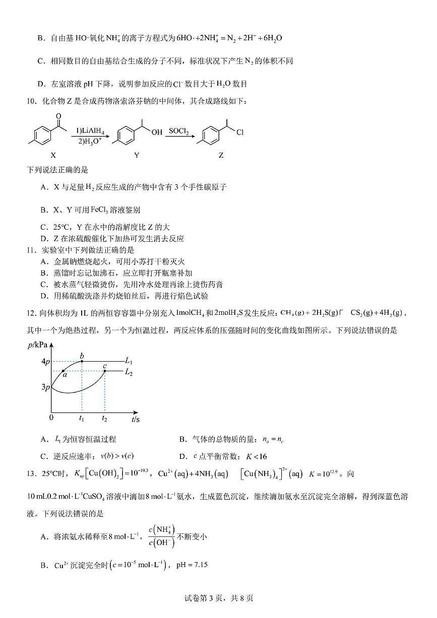 吉林省吉林市实验中学2025届高三下学期模拟预测 化学试题（高考模拟）第3页