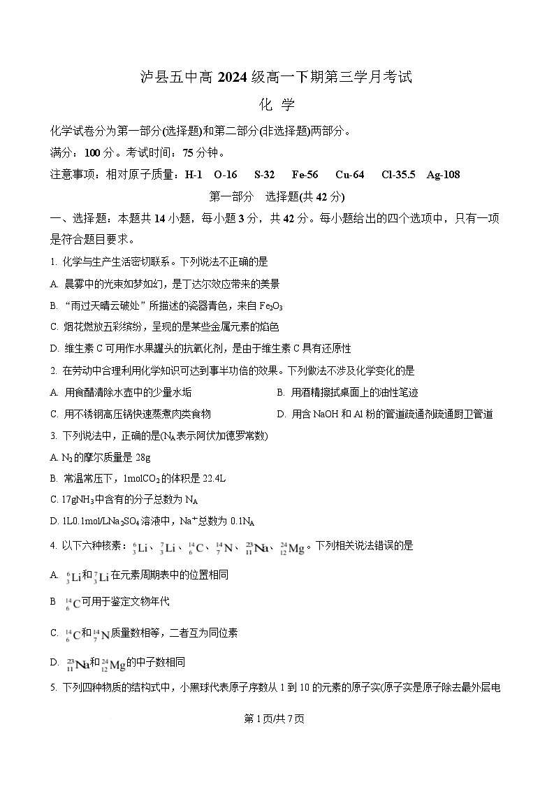 四川省泸县第五中学2024-2025学年高一下学期5月月考化学试题（原卷版）第1页