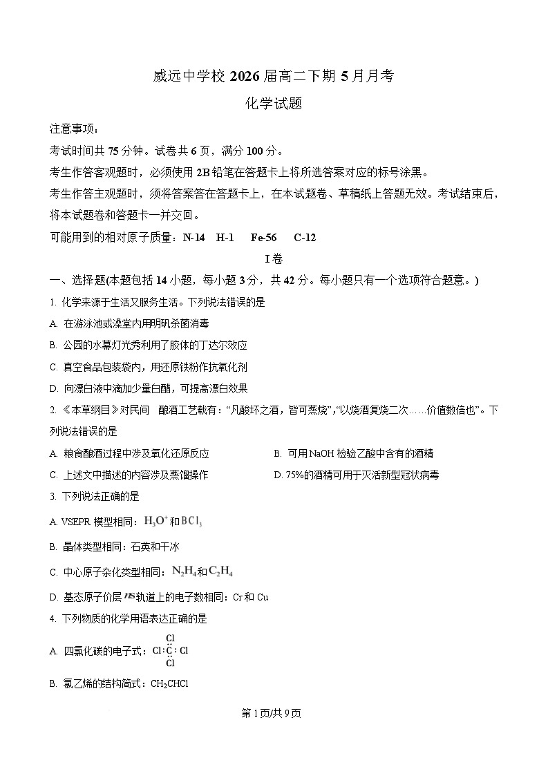 四川省内江市威远中学校2024-2025学年高二下学期5月月考 化学试题（原卷版）第1页