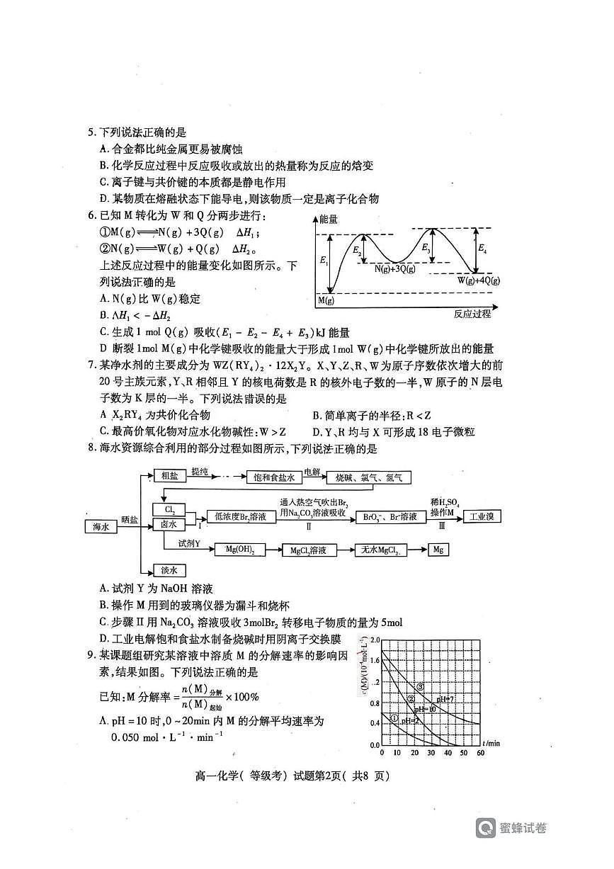 山东省烟台市2024-2025学年高一下学期期中学业水平诊断化学（等级考）试题（PDF版附答案）第2页