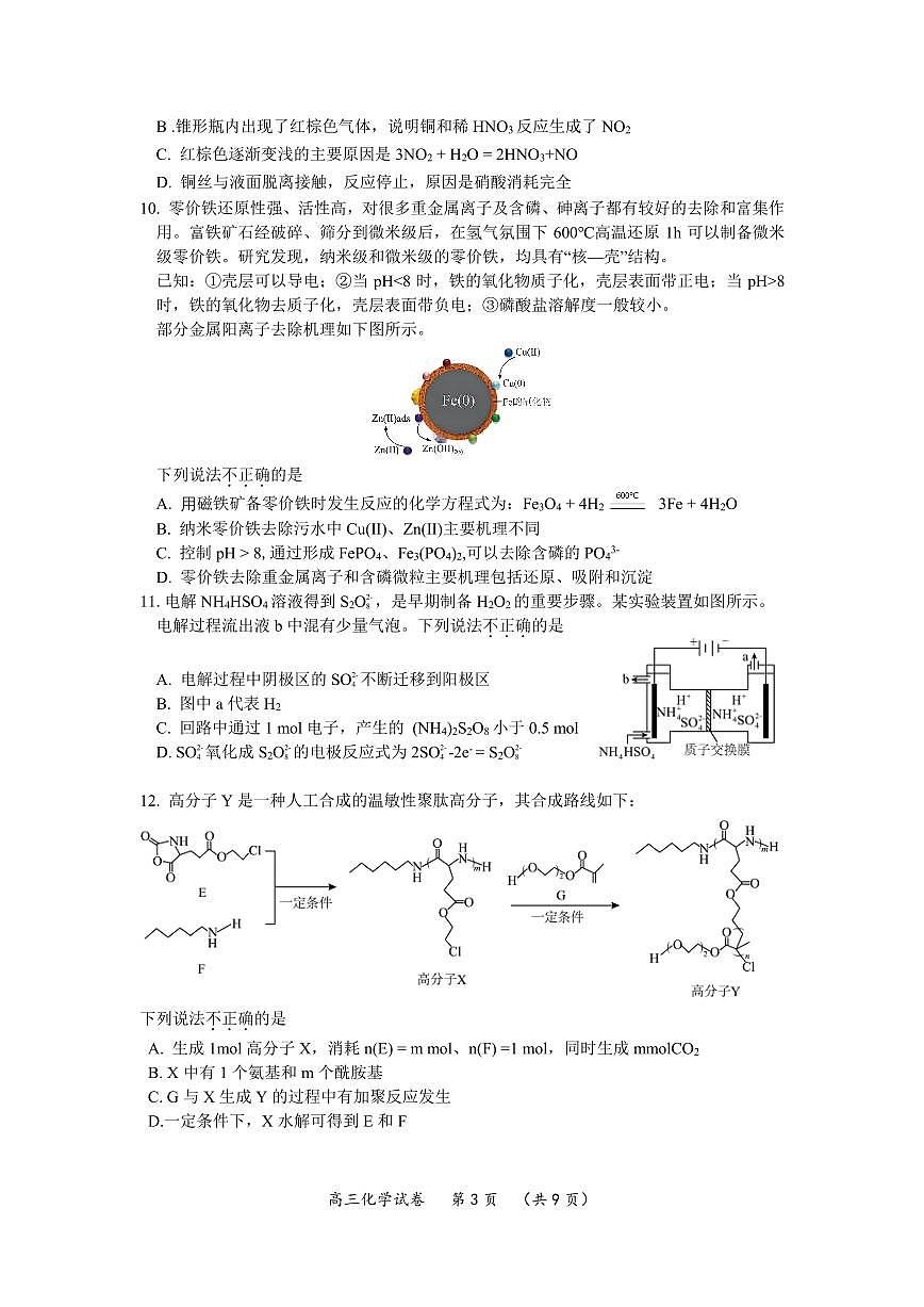 2025北京通州高三查漏补缺化学试卷（有答案）[高考模拟]第3页