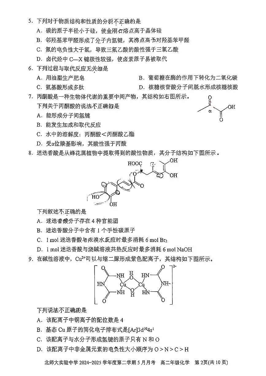2025北京北师大实验中学高二下5月月考化学试题及答案第2页