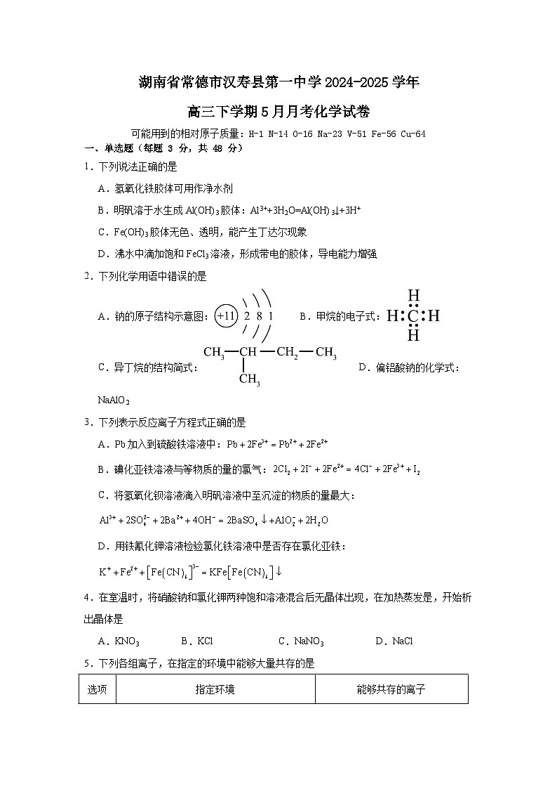 湖南省常德市汉寿县第一中学2024-2025学年高三下学期5月月考+化学试题第1页