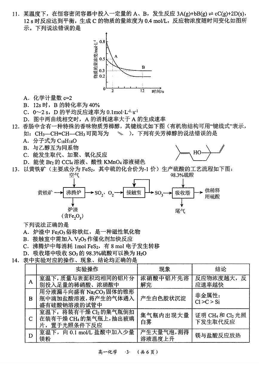 贵州省遵义市2023-2024学年高一下学期期末考试化学试题第3页