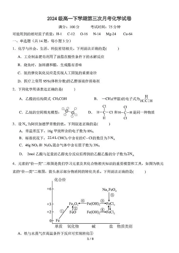 河北省保定市省唐县第一中学2024-2025学年高一下学期5月月考化学试题第1页