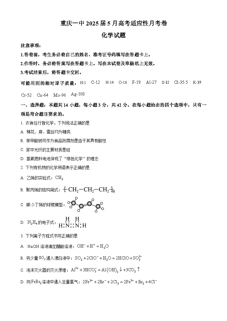 重庆市第一中学2024-2025学年高三下学期5月适应性月考 化学试卷（原卷版）第1页
