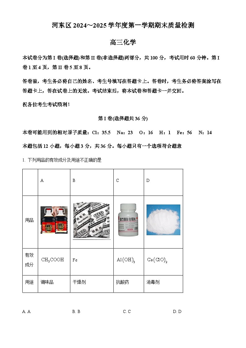天津市河东区2024-2025学年高三上学期1月期末质量检测化学试题含答案第1页