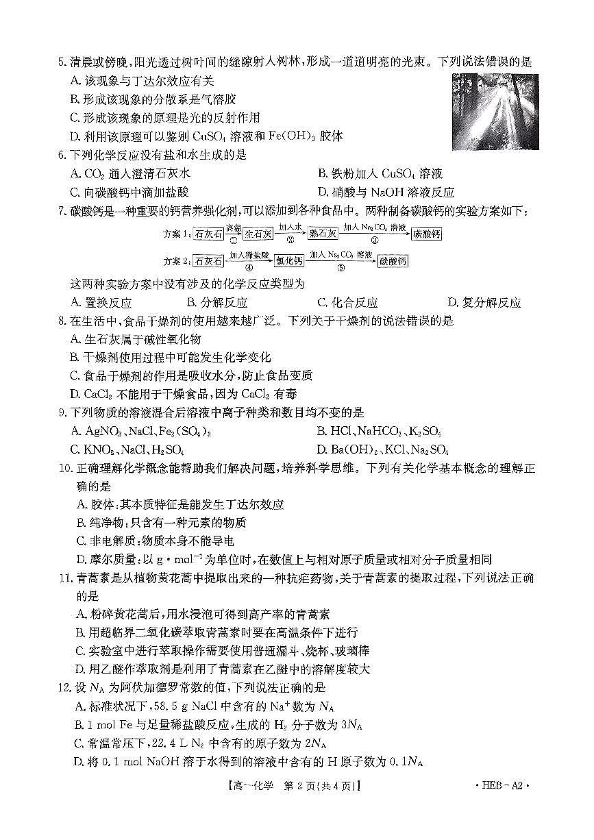 _2024年下高一年级10月考试化学试题第2页
