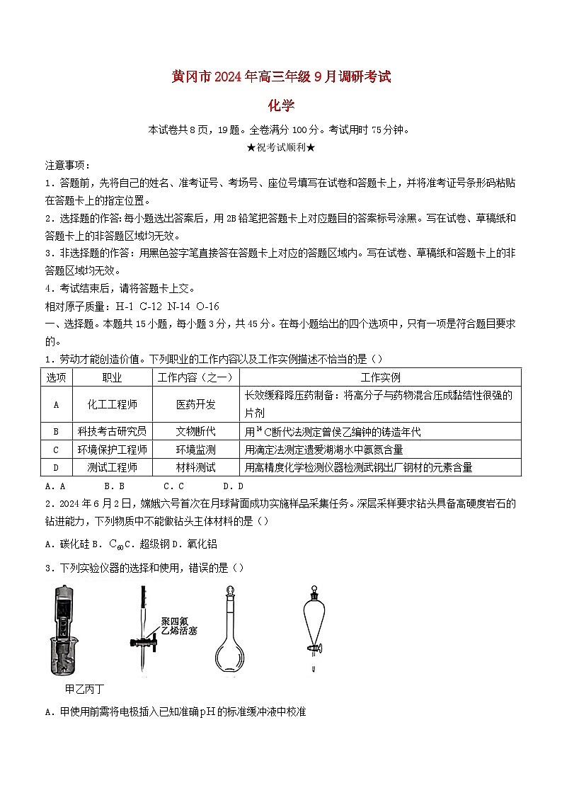 湖北省黄冈市2024_2025学年高三化学上学期9月调研考试含解析第1页