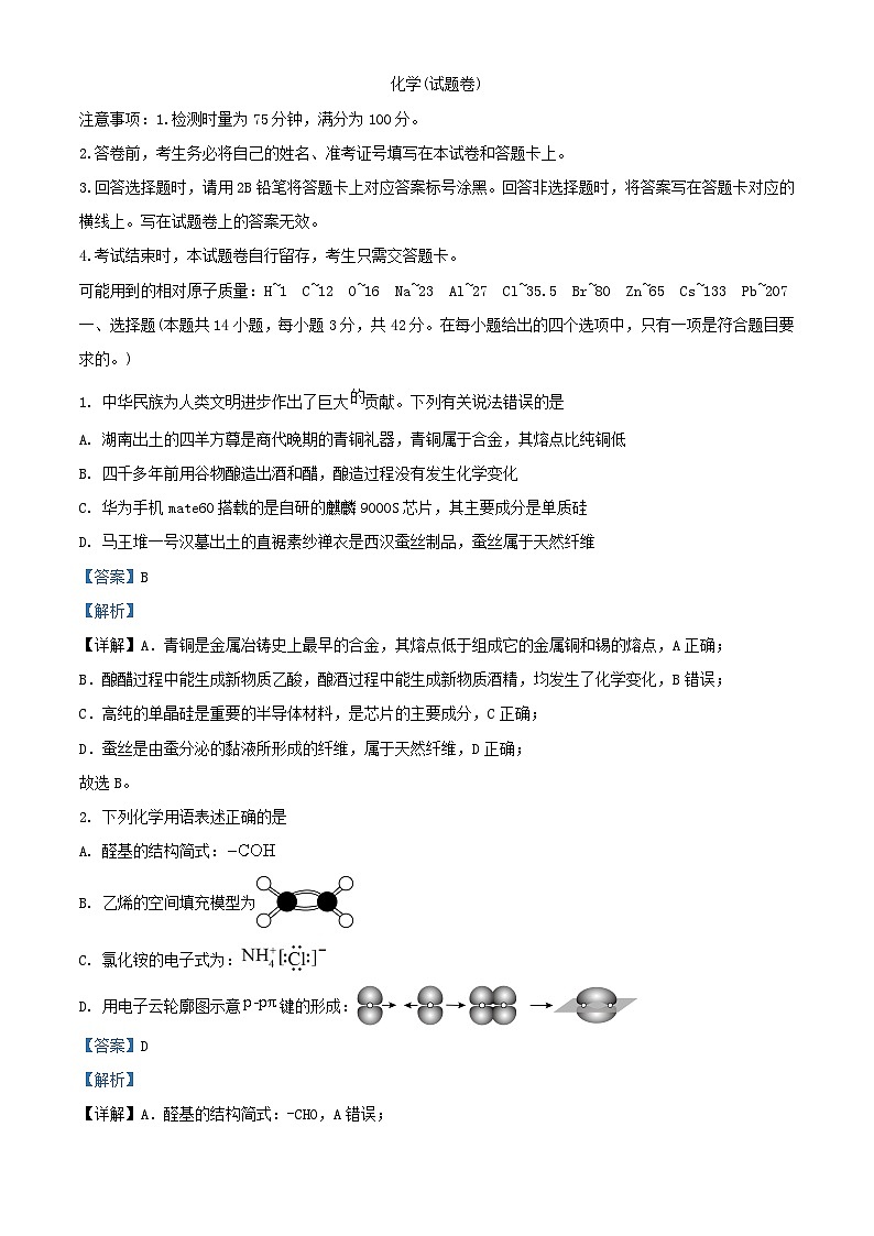 湖南省益阳市2025届高三化学上学期9月第一次教学质量检测试题含解析第1页