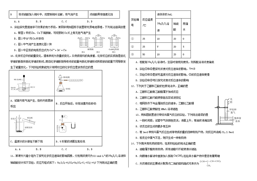 2024—2025学年第二学期高一年级第四次学业诊断考试化学试卷第2页