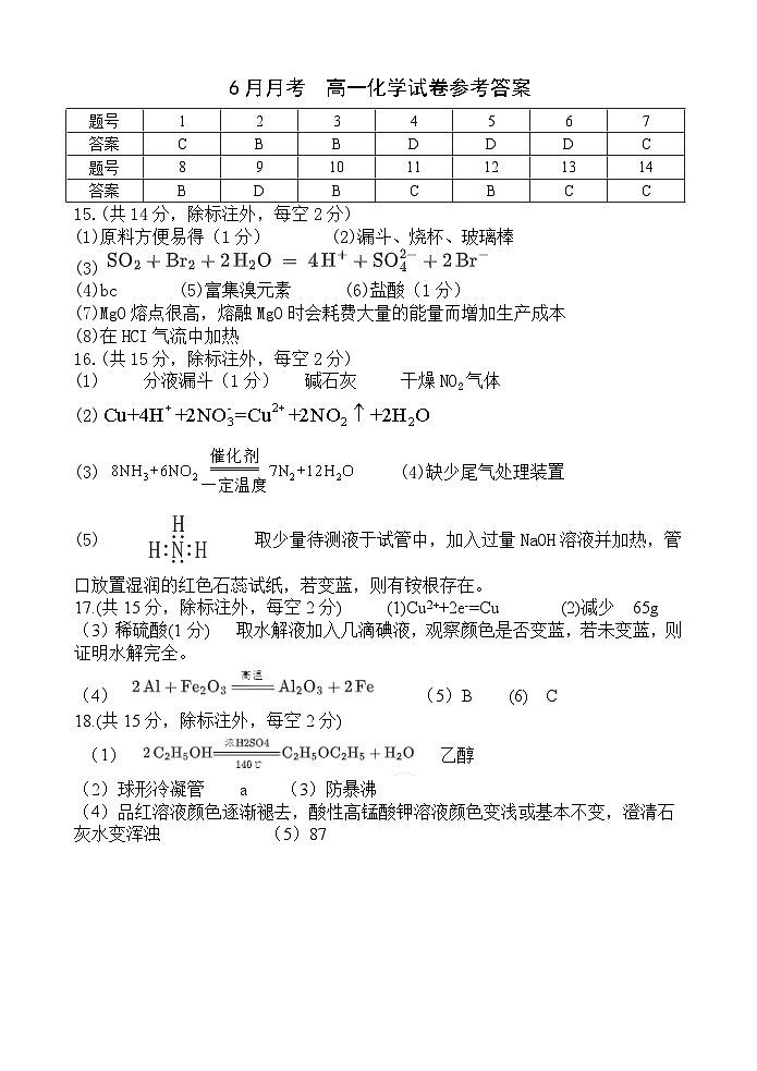 2025年春学期高一年级6月月考化学答案第1页