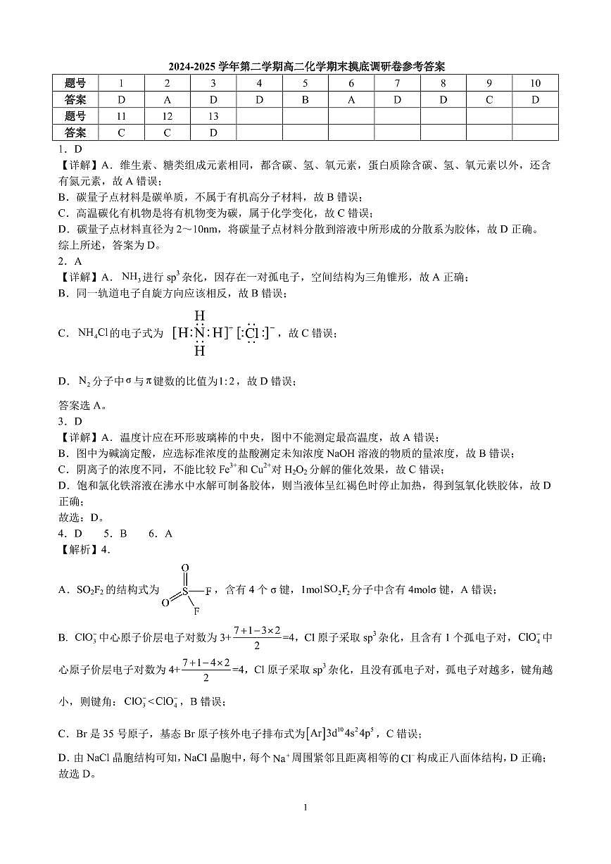 2024-2025学年第二学期高二化学期末摸底调研卷参考答案第1页