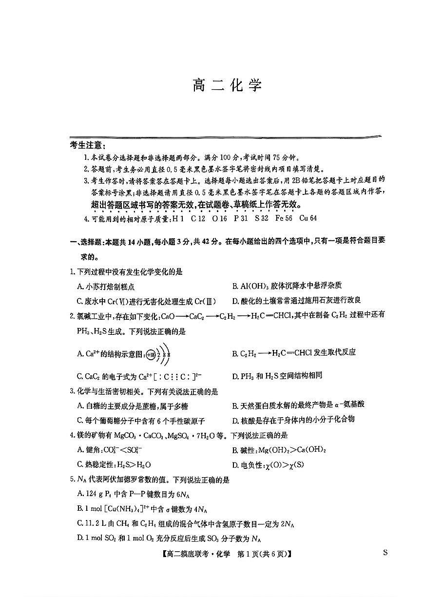化学-九师联盟2025年高二下学期6月摸底联考试题及答案第1页