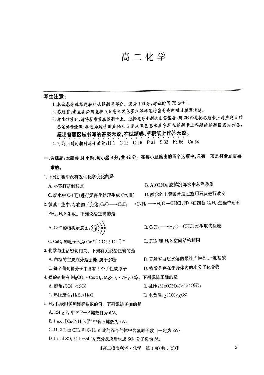 河南省驻马店市九师联盟2024-2025学年高二下学期6月月考化学试题第1页