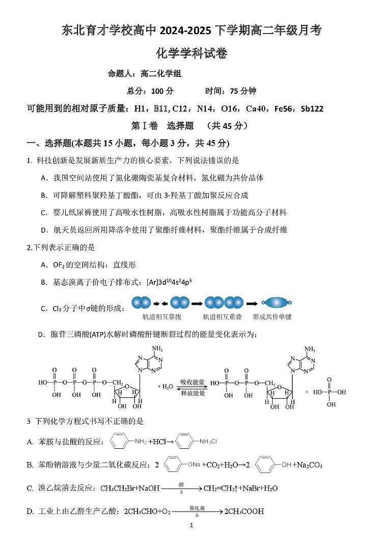 辽宁省沈阳市东北育才学校2024-2025学年高二下学期第二次月考化学试卷第1页