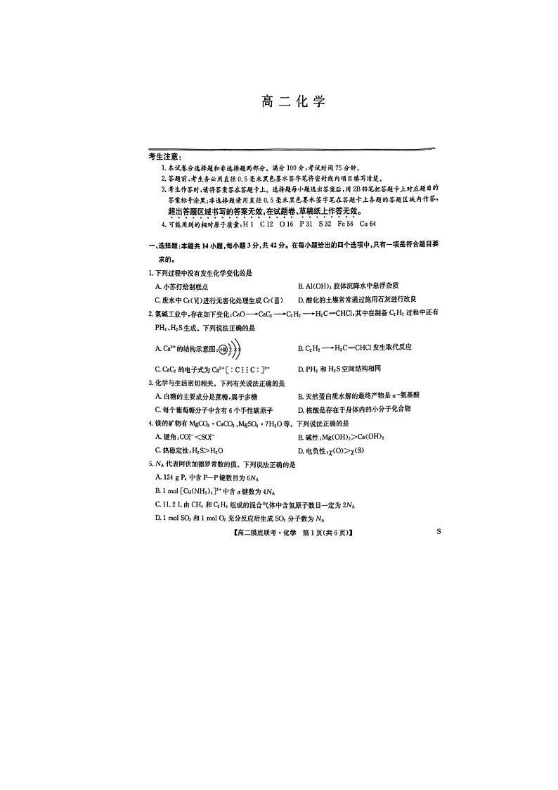 河南省九师联盟2024-2025学年下期高二6月摸底联考化学试卷含答案第1页