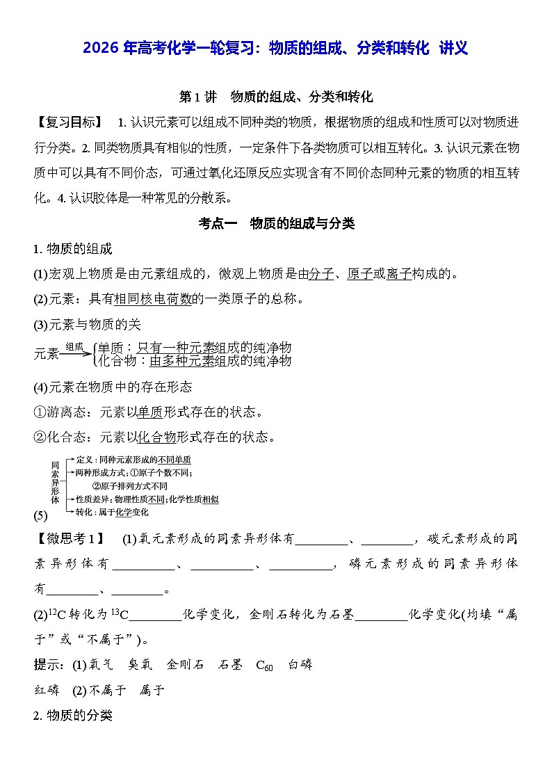 2026年高考化学一轮复习：物质的组成、分类和转化 讲义（含练习题及答案）第1页
