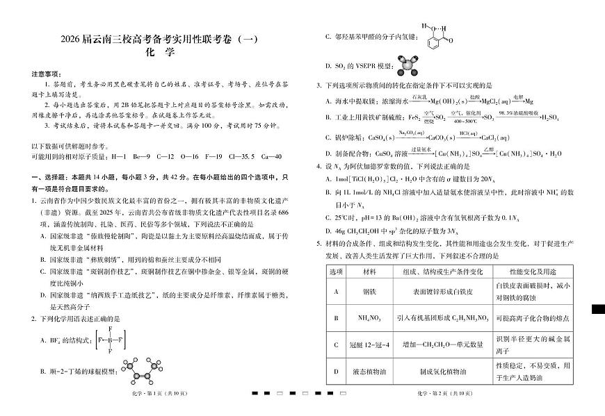 2026届云南三校高考备考实用性联考卷（一）化学-试卷第1页