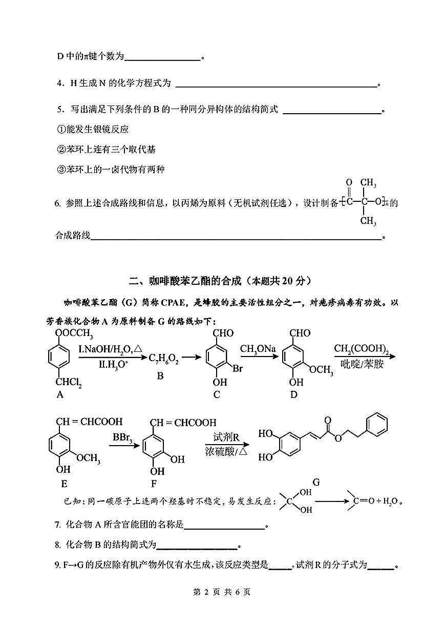 上海市川沙中学2024-2025学年高二下化学期末试卷无答案第2页