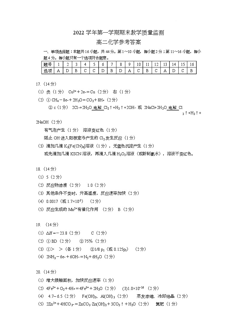 2022-2023学年第一学期末高二化学参考答案第1页