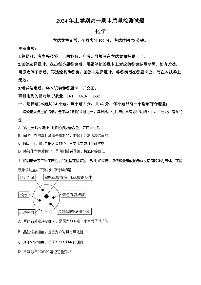 湖南省娄底市涟源市2023-2024学年高一下学期7月期末考试化学试题（原卷版）第1页