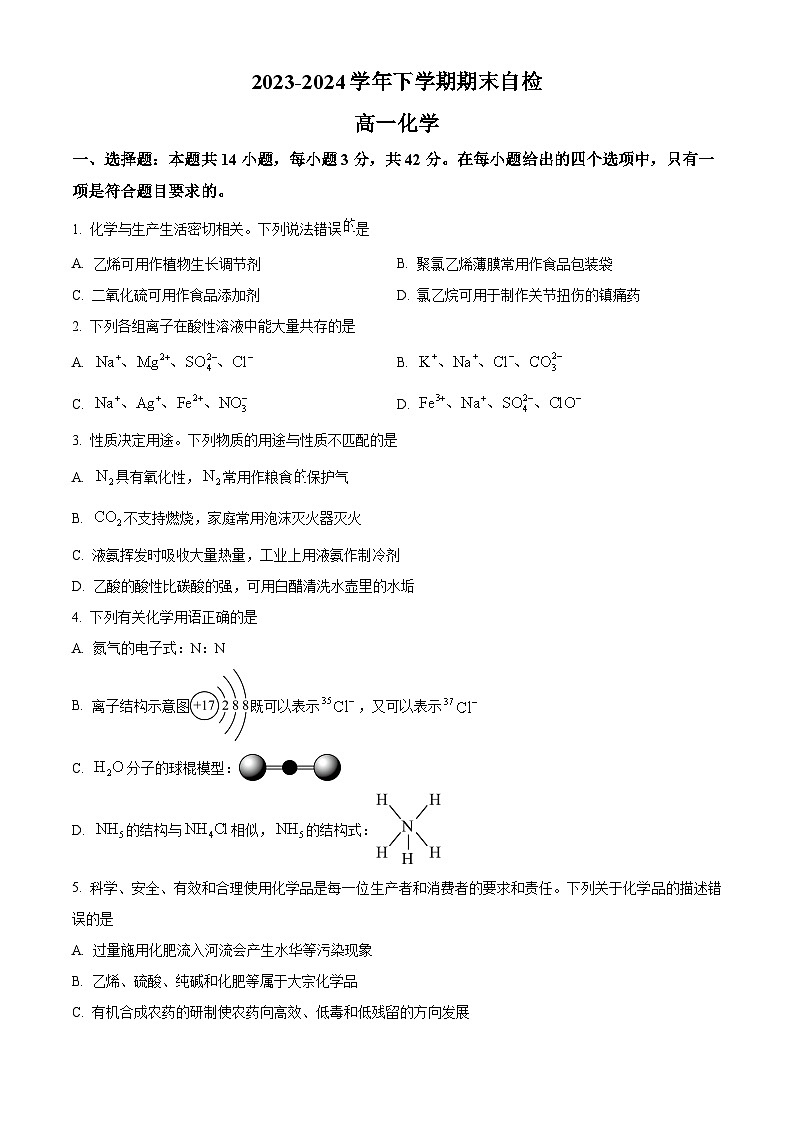 湖南省益阳市安化县两校联考2023-2024学年高一下学期7月期末化学试题（原卷版）第1页