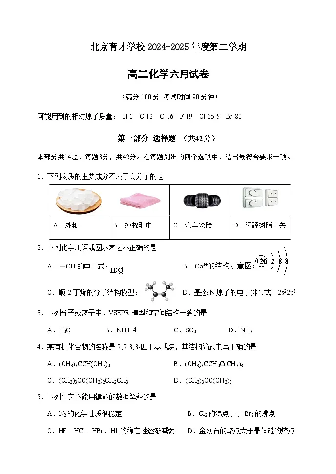 北京市育才学校2024-2025学年高二下学期6月月考化学试题含答案第1页