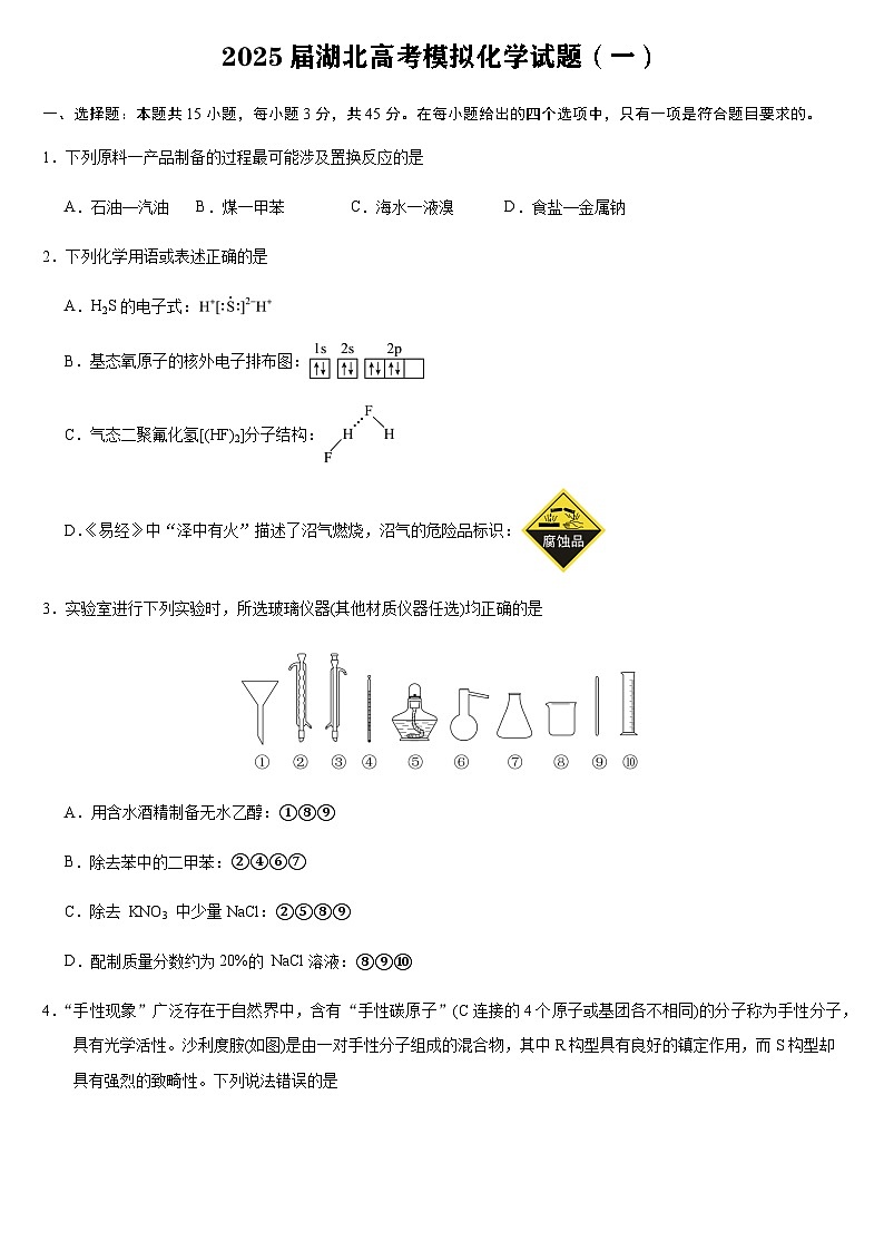2025届湖北高考模拟化学试题（一）第1页
