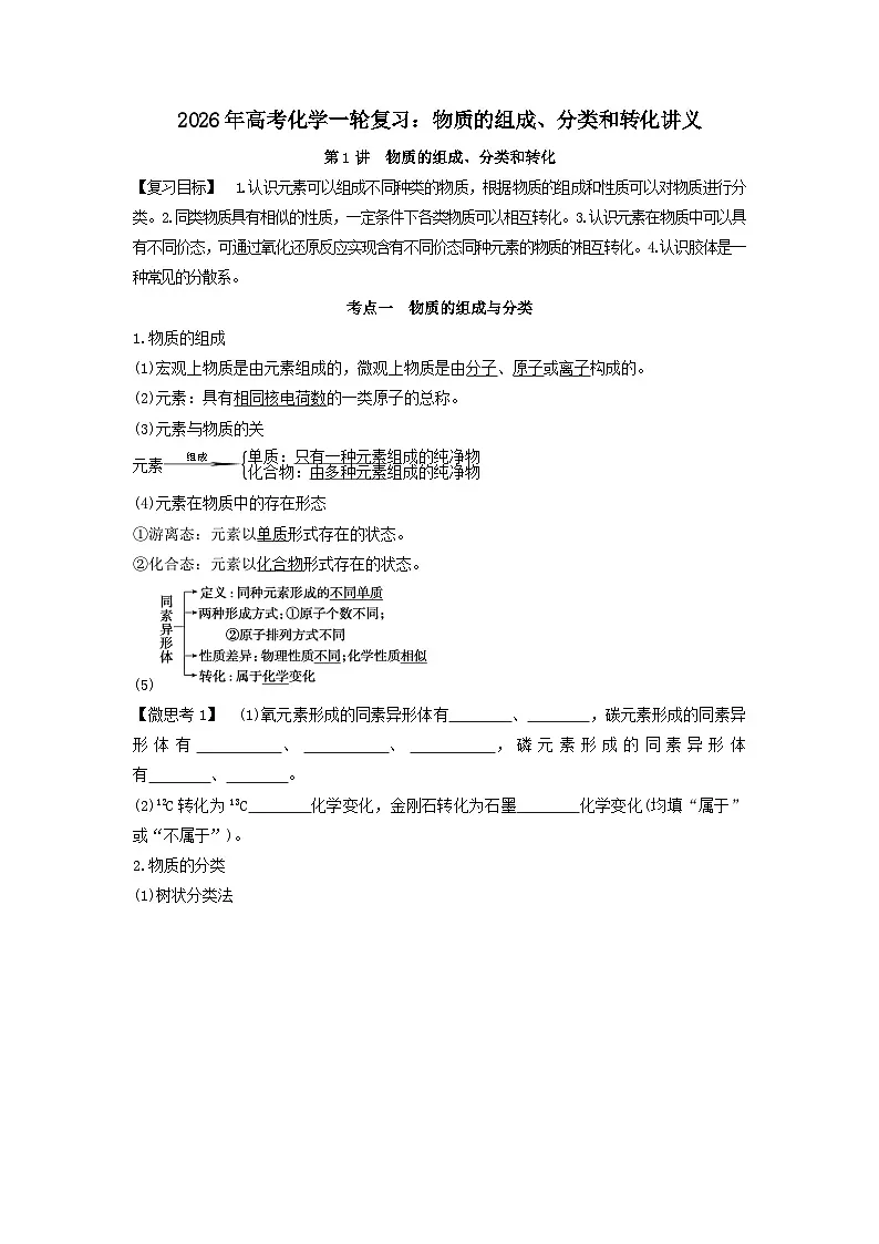 2026年高考化学一轮复习：物质的组成、分类和转化讲义第1页