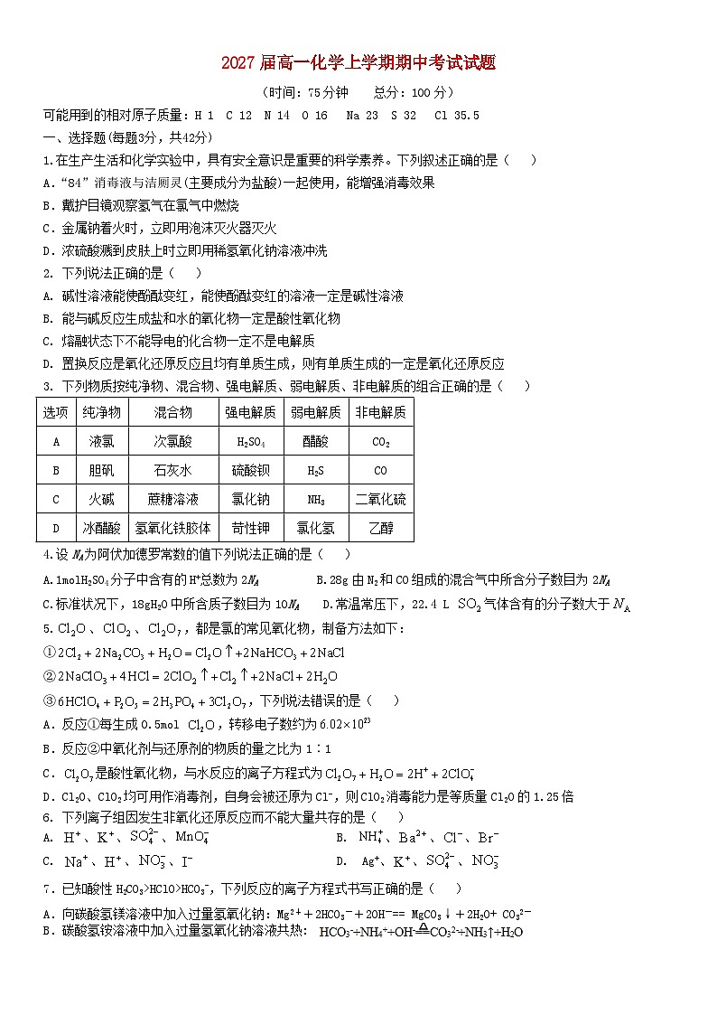 安徽省阜阳市2024_2025学年高一化学上学期期中试题第1页