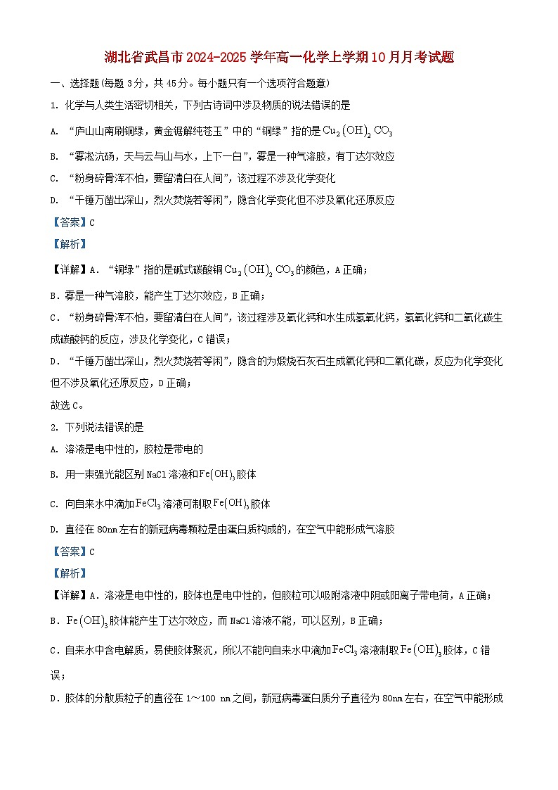 湖北省武昌市2024_2025学年高一化学上学期10月月考试题含解析第1页