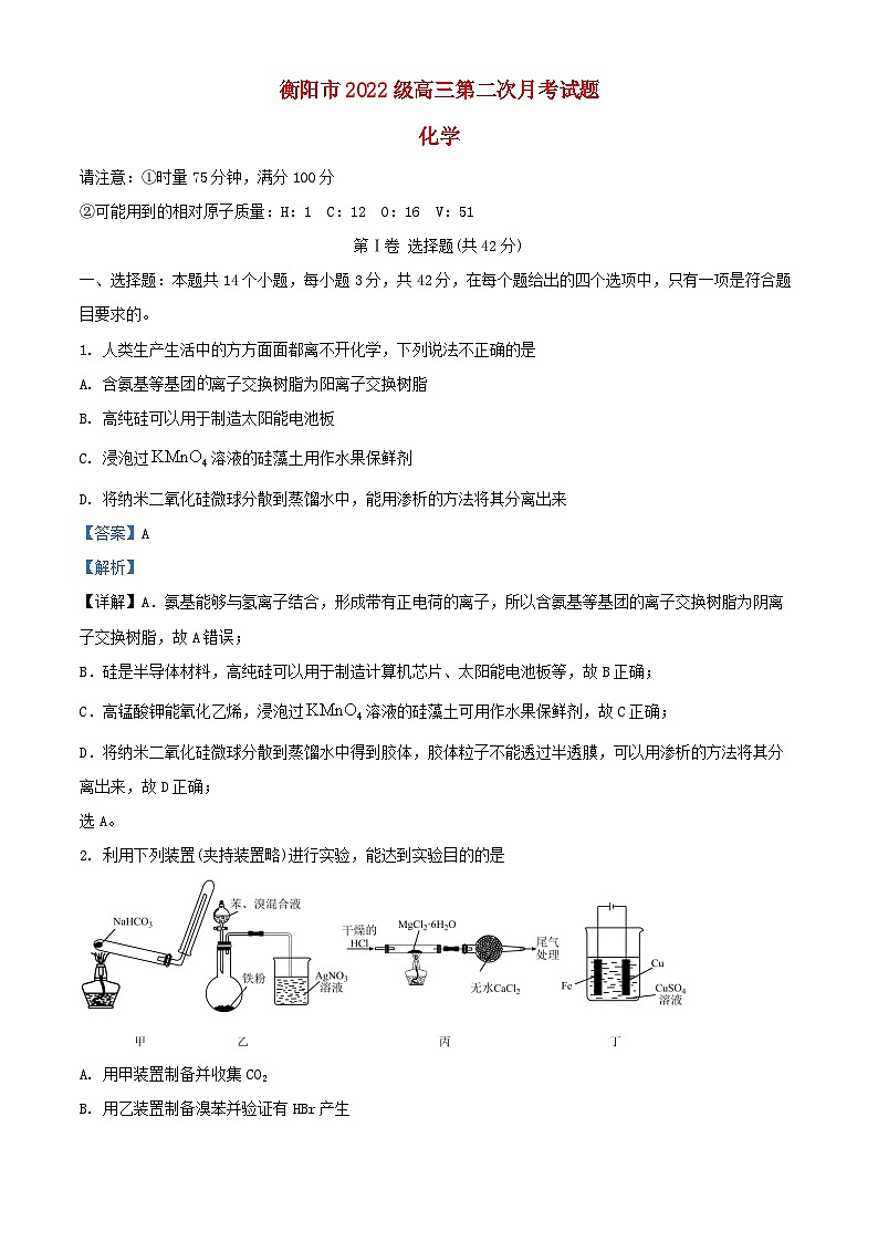 湖南省衡阳市2024_2025学年高三化学上学期第二次月考试题含解析第1页