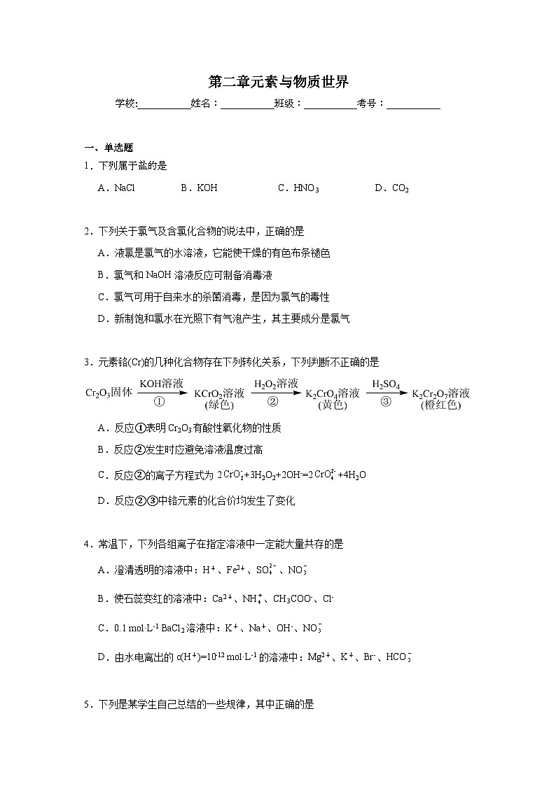 第二章元素与物质世界期末章节复习练 鲁科版化学必修第一册第1页