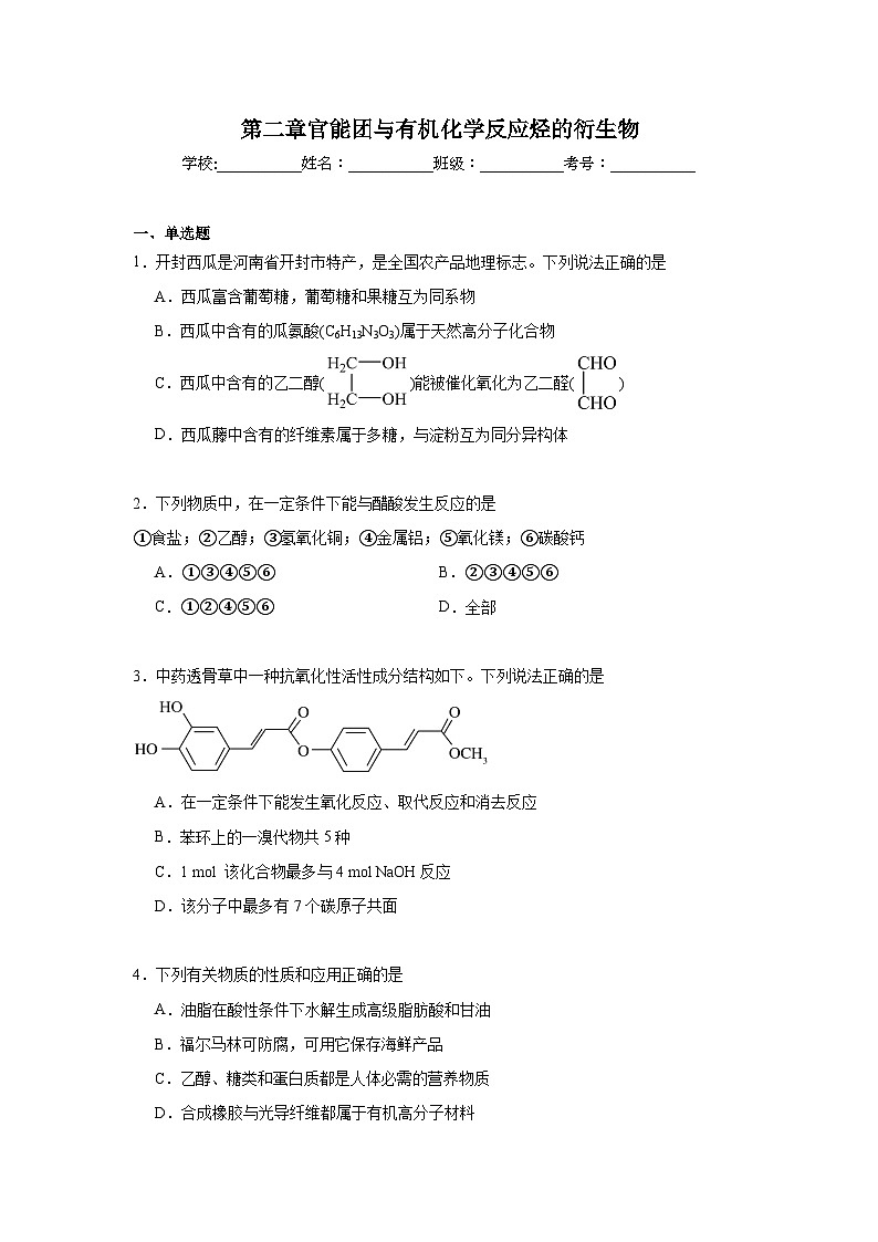 第二章官能团与有机化学反应烃的衍生物期末章节复习练   鲁科版化学选择性必修3第1页