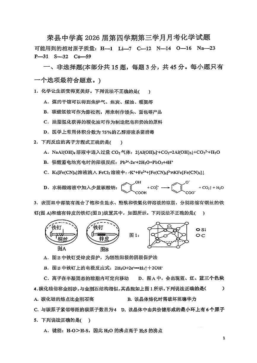 四川省自贡市荣县中学2026届新高二下学期6月检测-化学试题无答案第1页