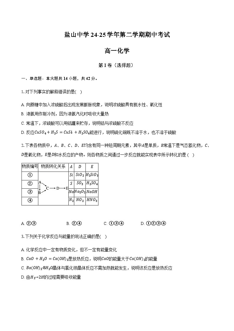 河北省沧州市盐山中学2024-2025学年高一下学期期中考试化学试题含答案第1页
