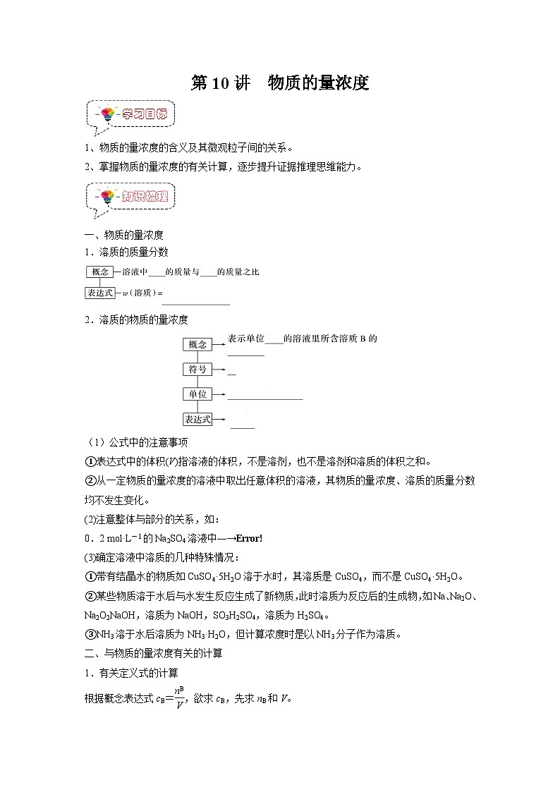 第10讲 物质的量浓度-【暑假衔接】新高一化学暑假精品课（人教版）（学生版）第1页