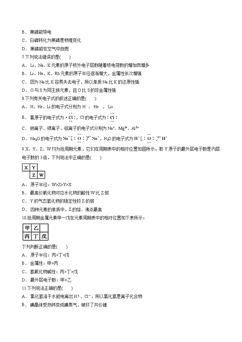 专题5 微观结构与物质的多样性 测试卷 高中化学苏教版（2020）必修第一册第2页