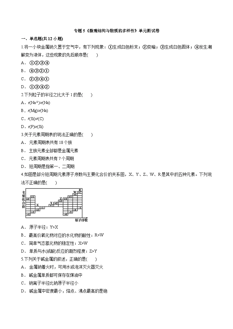 专题5 微观结构与物质的多样性 单元测试卷 高中化学苏教版（2020）必修第一册第1页