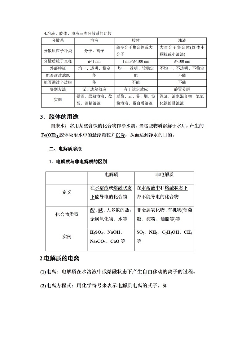 1.3物质的分散系-胶体、电解质溶液 导学案 高中化学苏教版必修第一册第3页