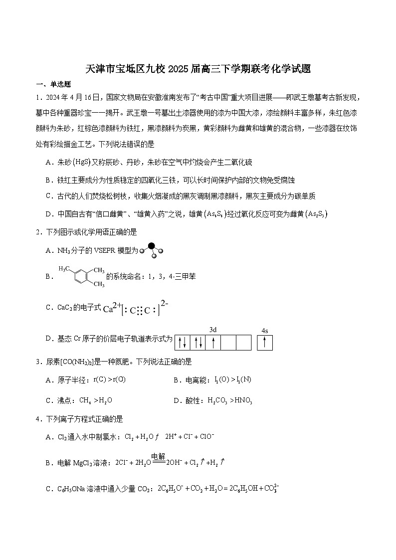 天津市宝坻区九校2025届高三下学期模拟联考化学试卷含答案第1页