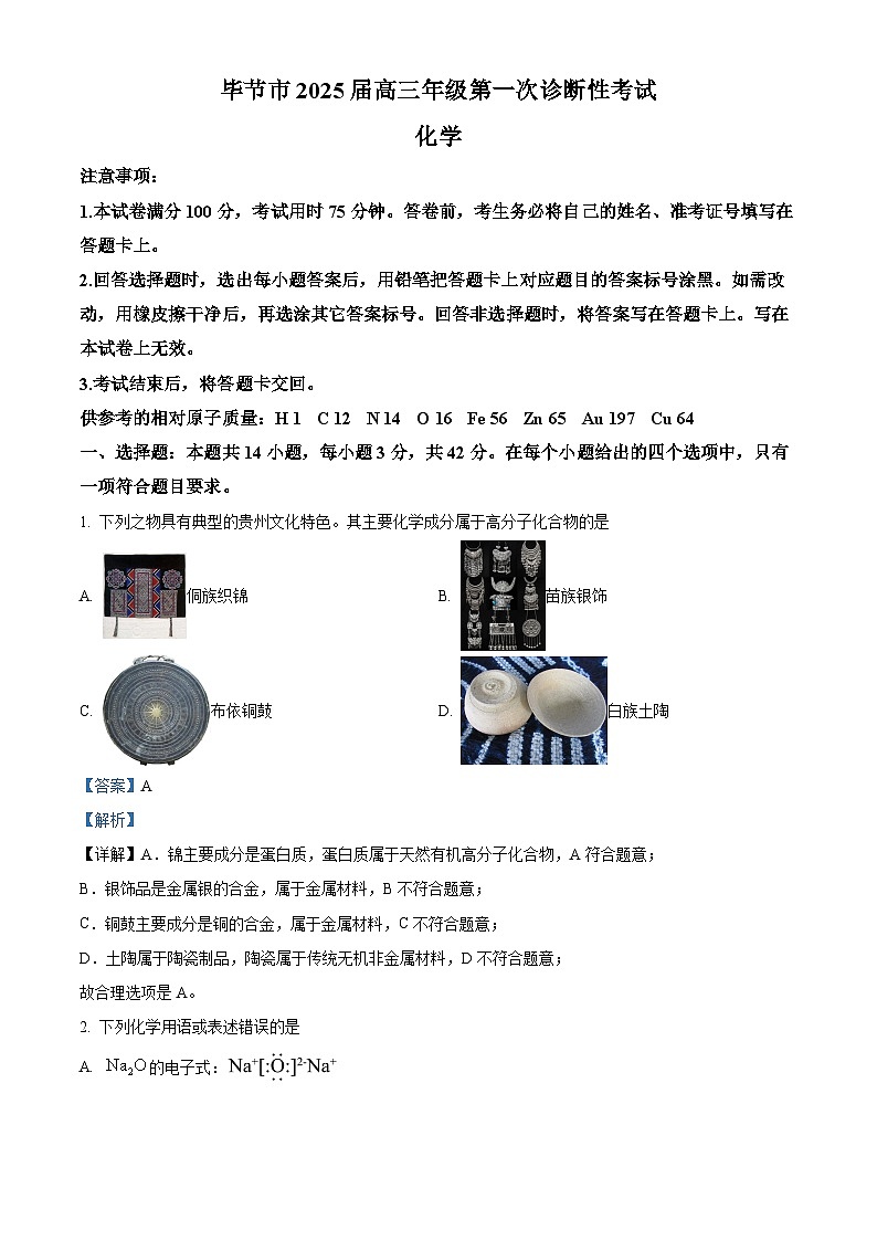 贵州省毕节市2025届高三上学期第一次诊断性考试化学试题  Word版含解析第1页