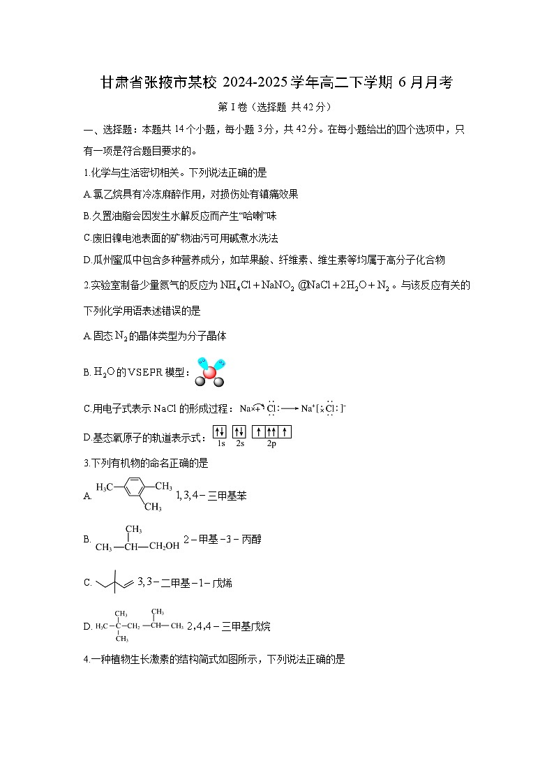 甘肃省张掖市某校2024-2025学年高二下学期6月月考化学试卷第1页
