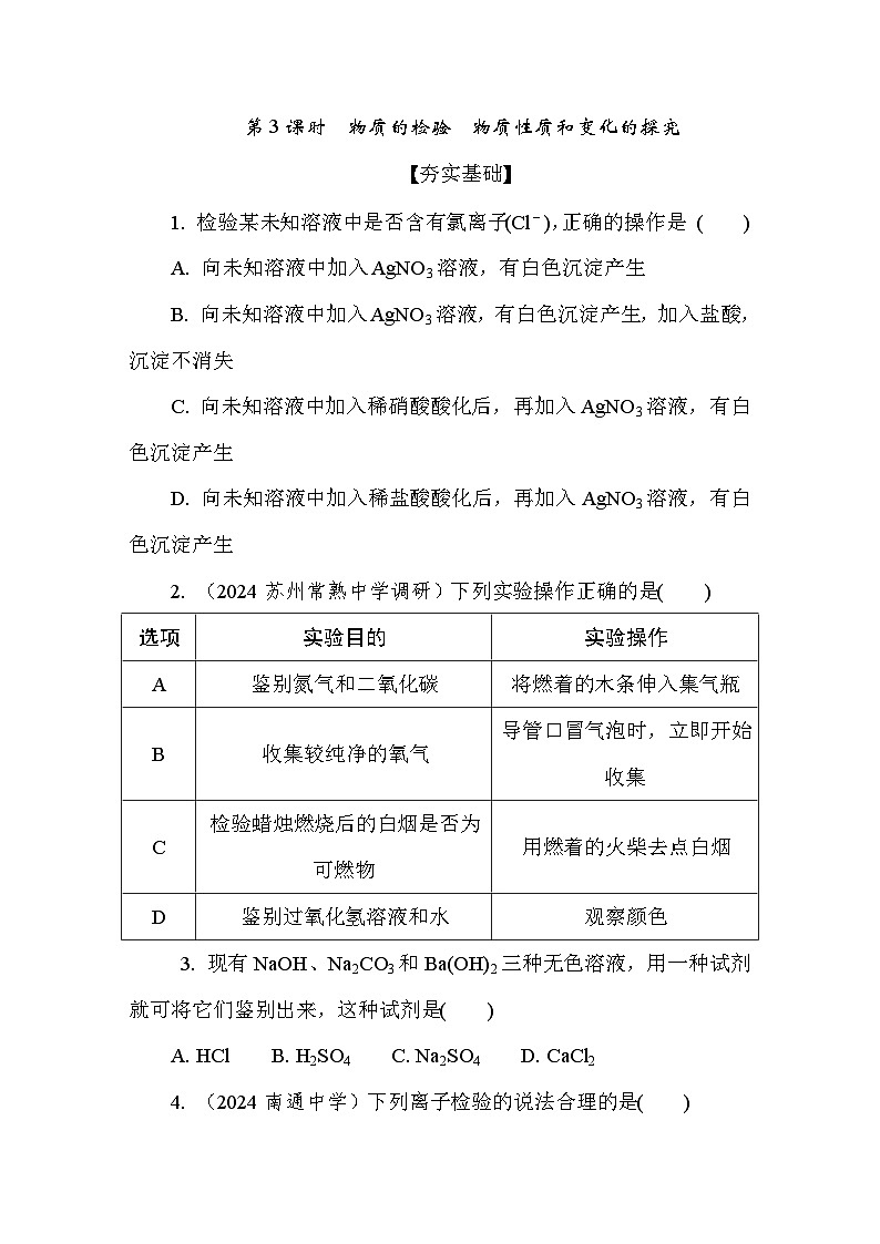 2.1.3  物质的检验　物质性质和变化的探究  课后练（含答案）高中化学 必修1（苏教版2019）第1页
