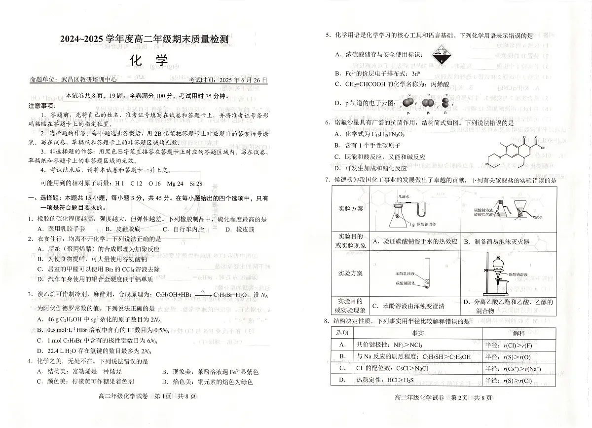 湖北省武昌区2024~2025学年度高二年级期末测试化学试卷第1页