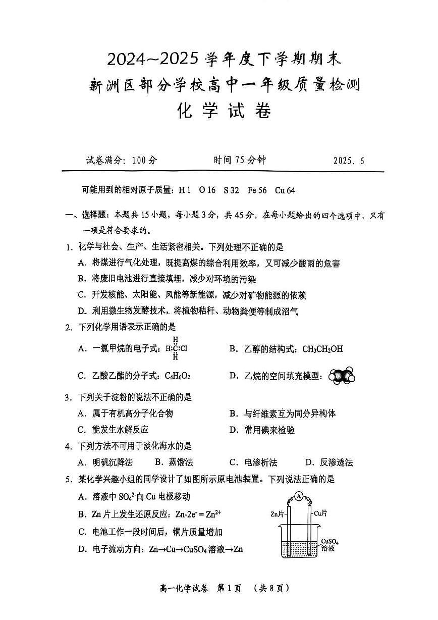 湖北省武汉市新洲区问津联盟2024-2025学年高一下学期6月期末考试化学试卷第1页