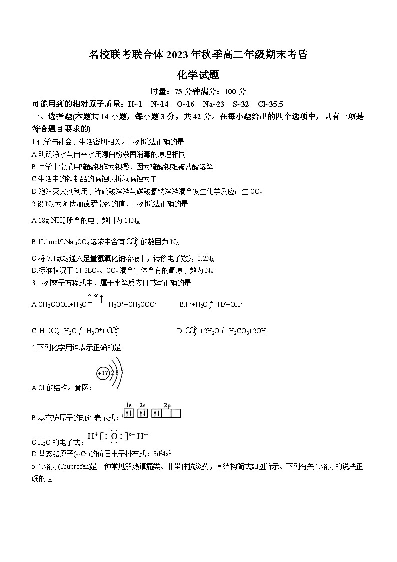 湖南省长沙市名校联考联合体2023-2024学年高二上学期期末考试化学试题第1页