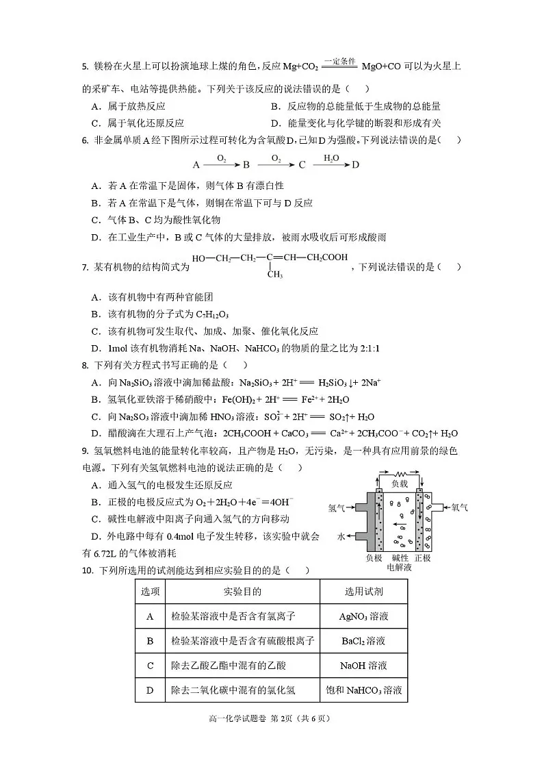 绵阳南山中学实验学校2024-2025学年高一下学期期末测试化学试卷第2页